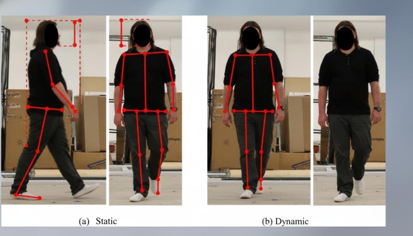 A 16:9 aspect ratio image showing two sets of human motion tracking data, labeled (a) Static and (b) Dynamic. Each set displays a person walking, with red lines and dots indicating static pose tracking on the left, and blue lines indicating dynamic motion tracking on the right. The original background is maintained.