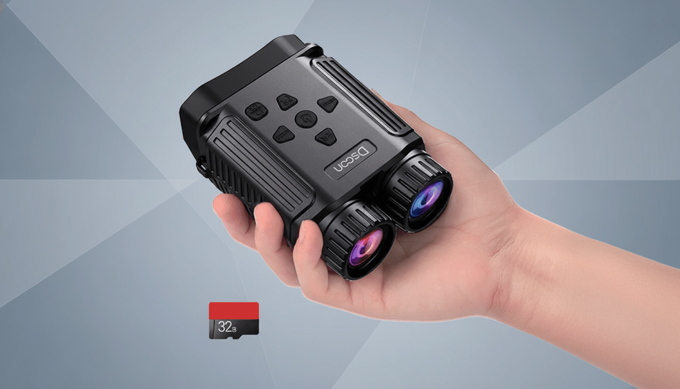A hand holding a pair of black night vision binoculars with a 32GB SD card floating below, set against a professional flat design background with a soft gradient.