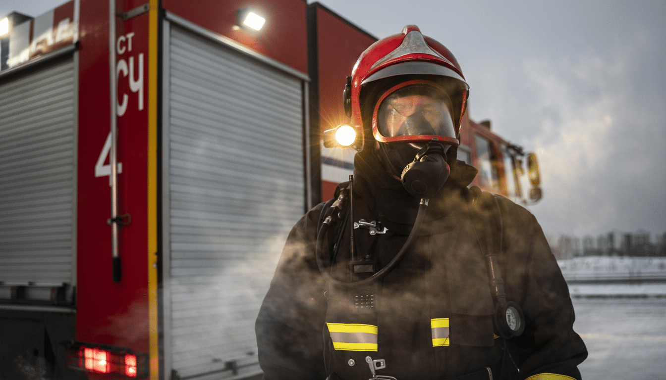 A firefighter in full gear, including a red helmet and breathing apparatus, stands in front of a red fire truck.