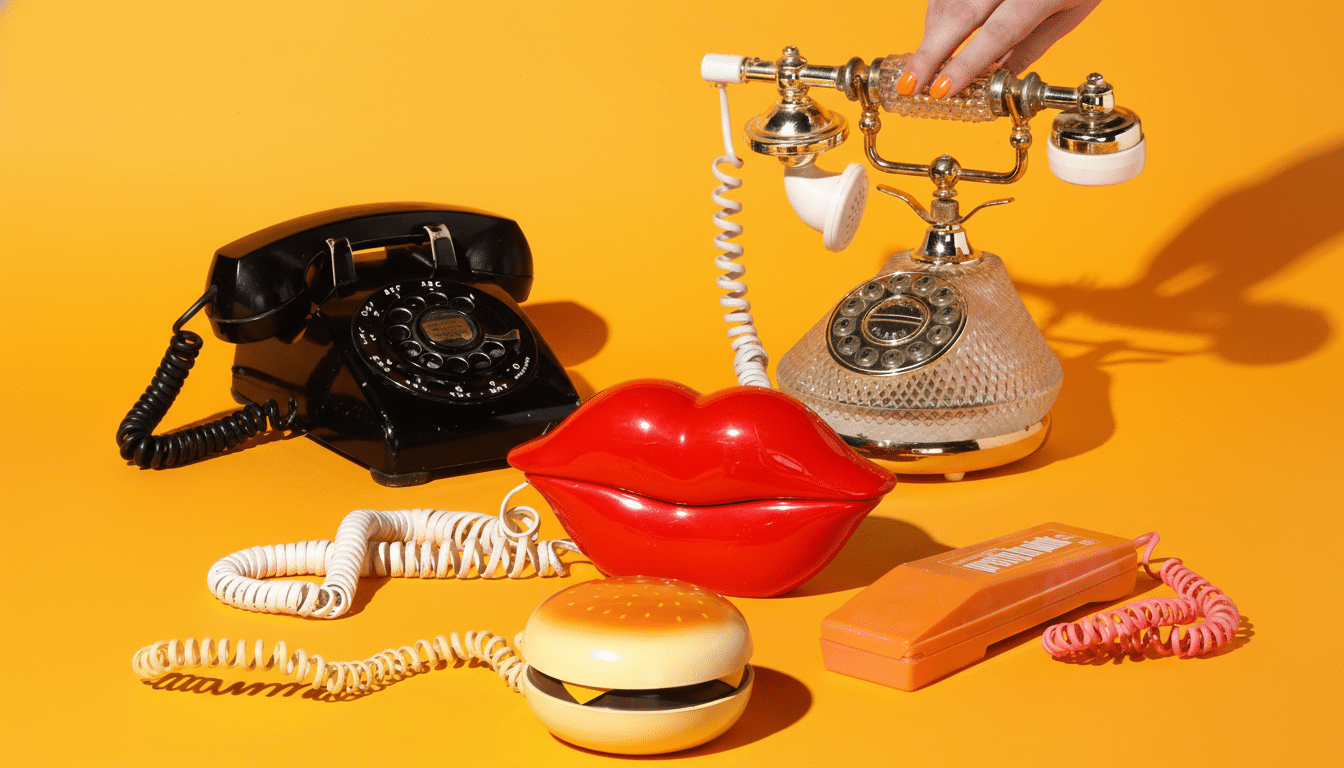 A collection of novelty telephones, including a black rotary phone, a clear and gold ornate phone being held by a hand, a red lip-shaped phone, a hamburger phone, and an orange rectangular phone, all arranged on a vibrant yellow background.