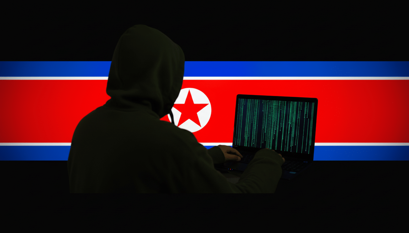 A person in a dark hoodie is seen from behind, typing on a laptop with green code displayed on the screen. In the background, the flag of North Korea is visible.