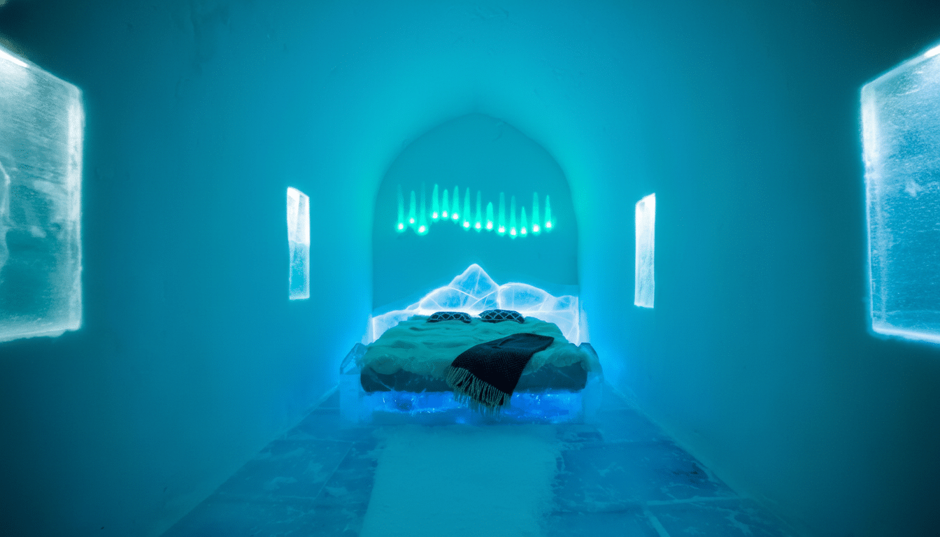 A professionally enhanced image of an ice hotel room, resized to a 16:9 aspect ratio. The room features a bed made of ice with a blanket and pillows, illuminated by blue and green lights, resembling the Northern Lights. The walls and floor are also made of ice, with two window-like openings on either side.