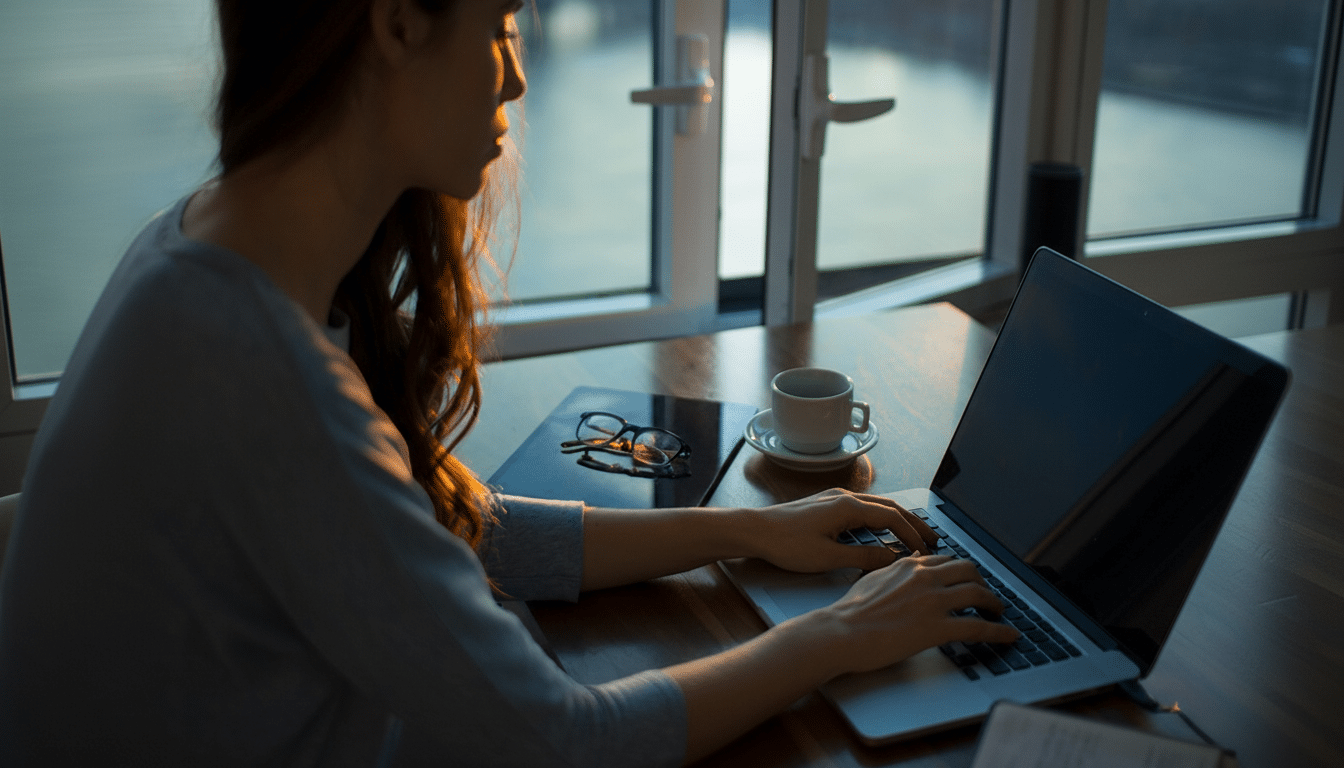 A woman with long hair sits at a desk, typing on a laptop. A cup of coffee and glasses are on the desk beside her. A large window is in the background.