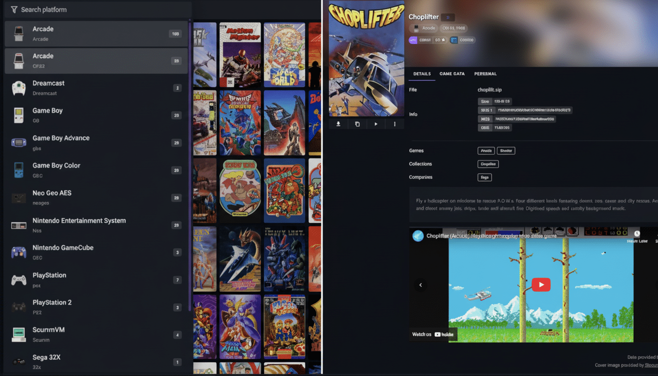 A screenshot of a video game emulator interface, showing a list of platforms on the left, a grid of game covers in the middle, and details for the game Choplifter on the right, including a gameplay video.