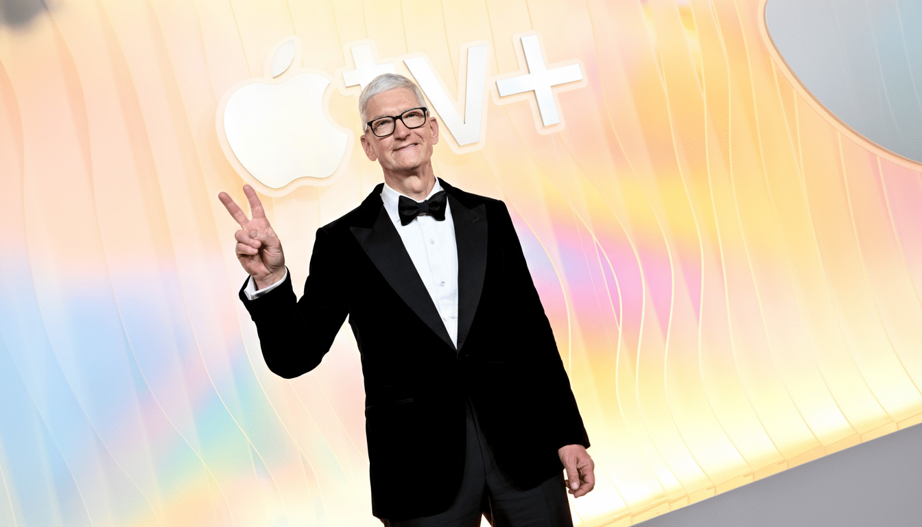 Tim Cook, CEO of Apple, wearing a tuxedo and making a peace sign in front of an Apple TV+ logo.