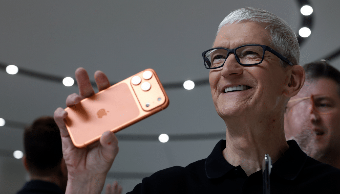 Tim Cook holding an orange iPhone, smiling, with a blurred background of lights.