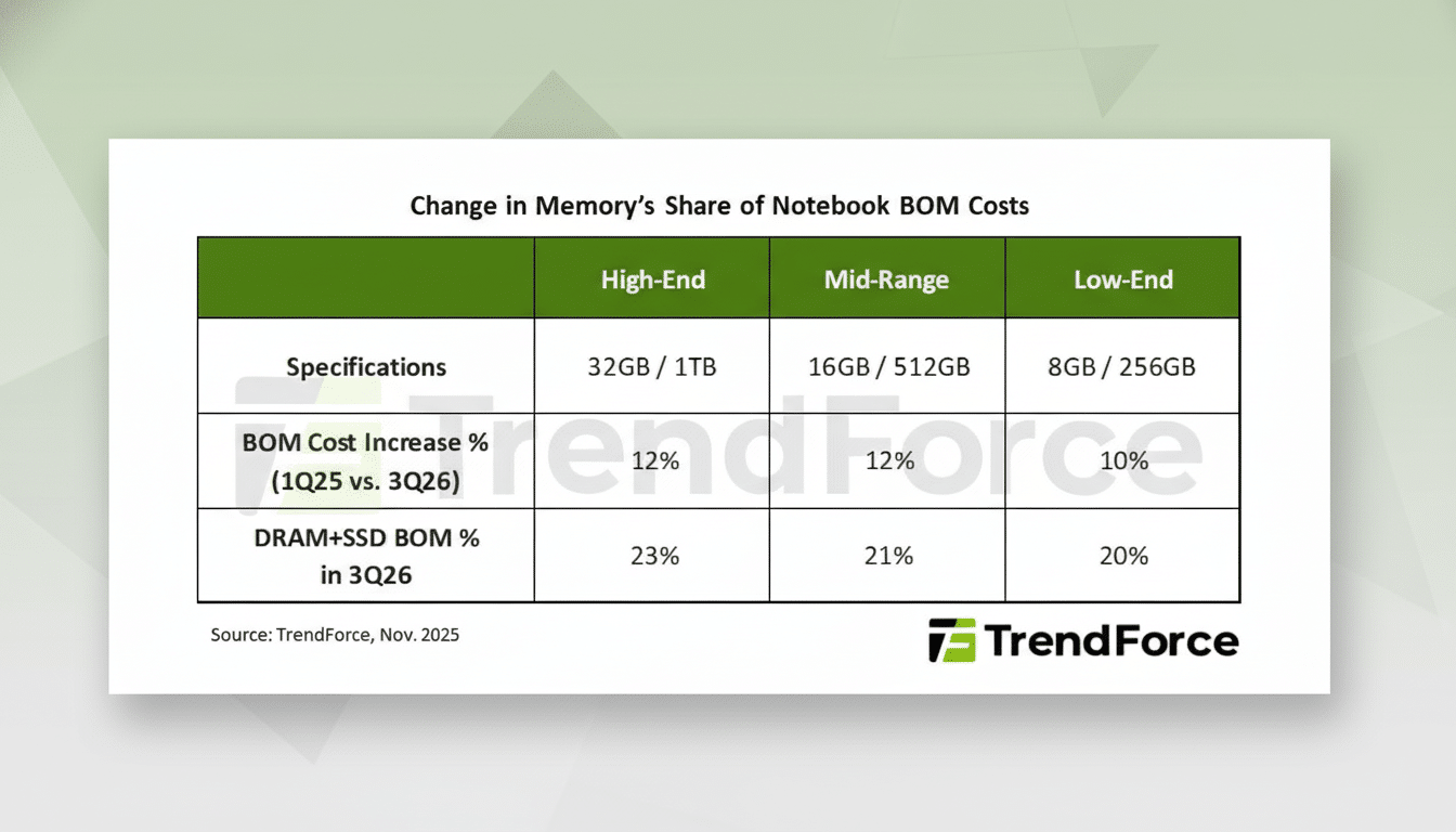 A table showing the change in memorys share of notebook BOM costs for high-end, mid-range, and low-end notebooks, with specifications, BOM cost increase percentage, and DRAM+SSD BOM percentage in 3Q26.
