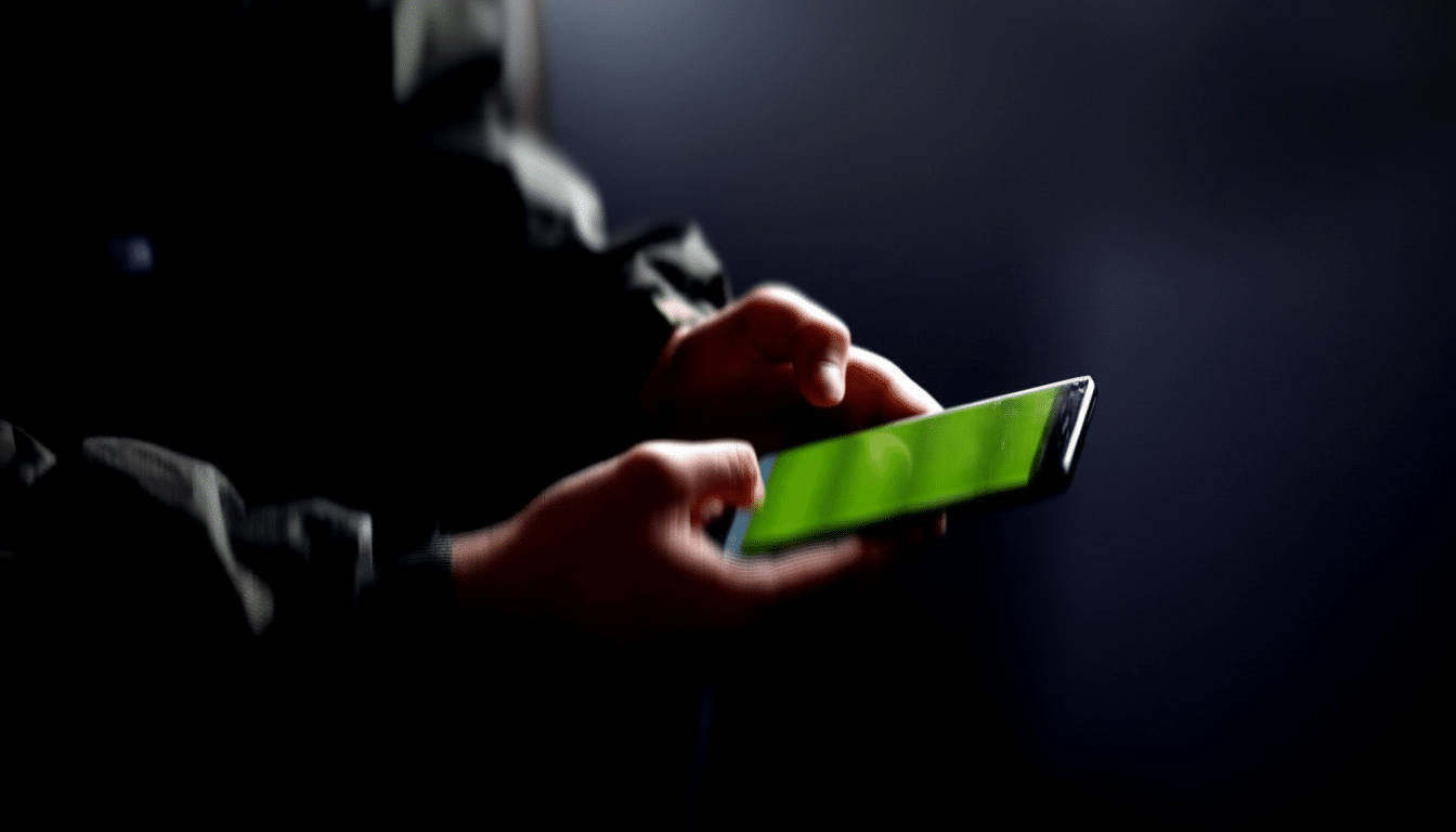 A persons hands holding a smartphone with a green screen, resized to a 16:9 aspect ratio.