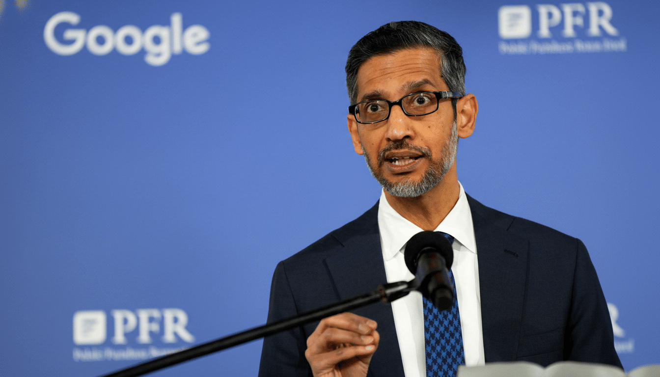 Sundar Pichai, CEO of Google, speaking at a podium with a blue background featuring the Google logo and PFR