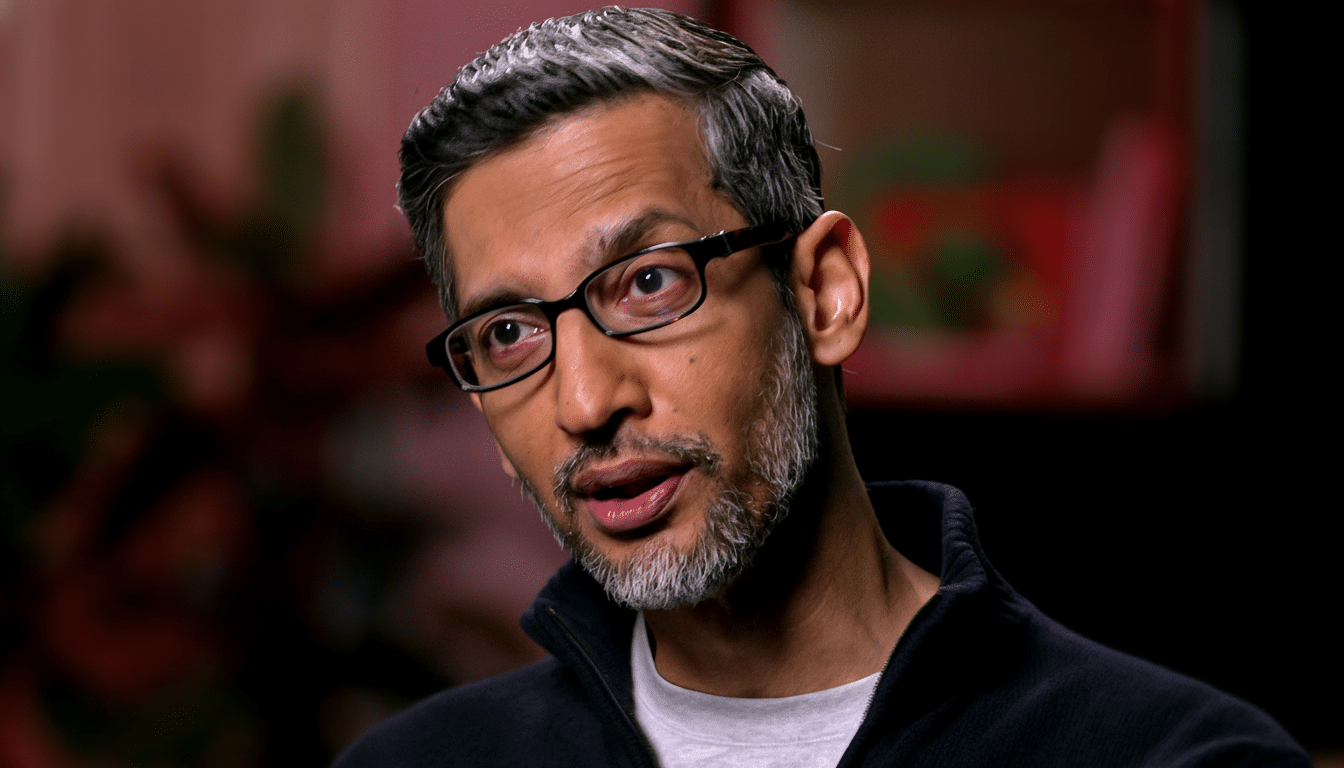A professional headshot of Sundar Pichai, resized to a 16:9 aspect ratio, maintaining the original background.