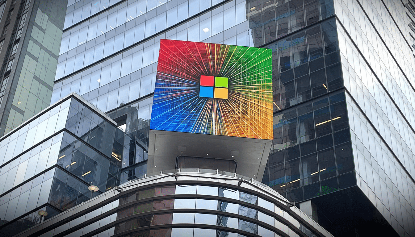 A large, colorful Microsoft logo displayed on a building, resized to a 16:9 aspect ratio.
