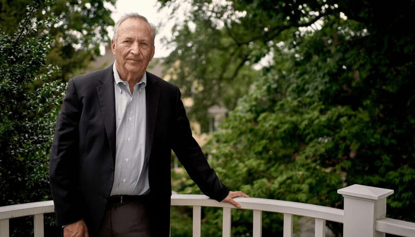 A man in a suit stands on a porch with a white railing, with green trees in the background.