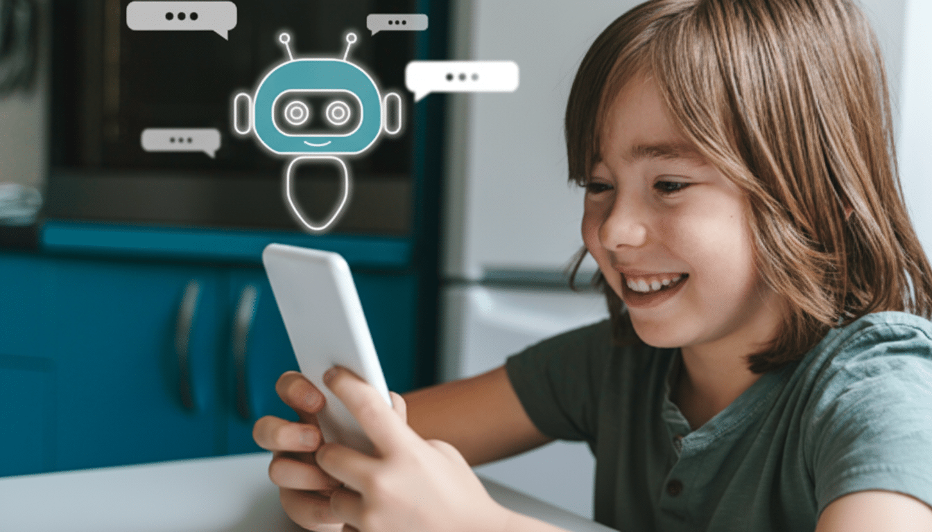 A young boy smiling while looking at a smartphone, with a chatbot icon and speech bubbles overlaid on the image.