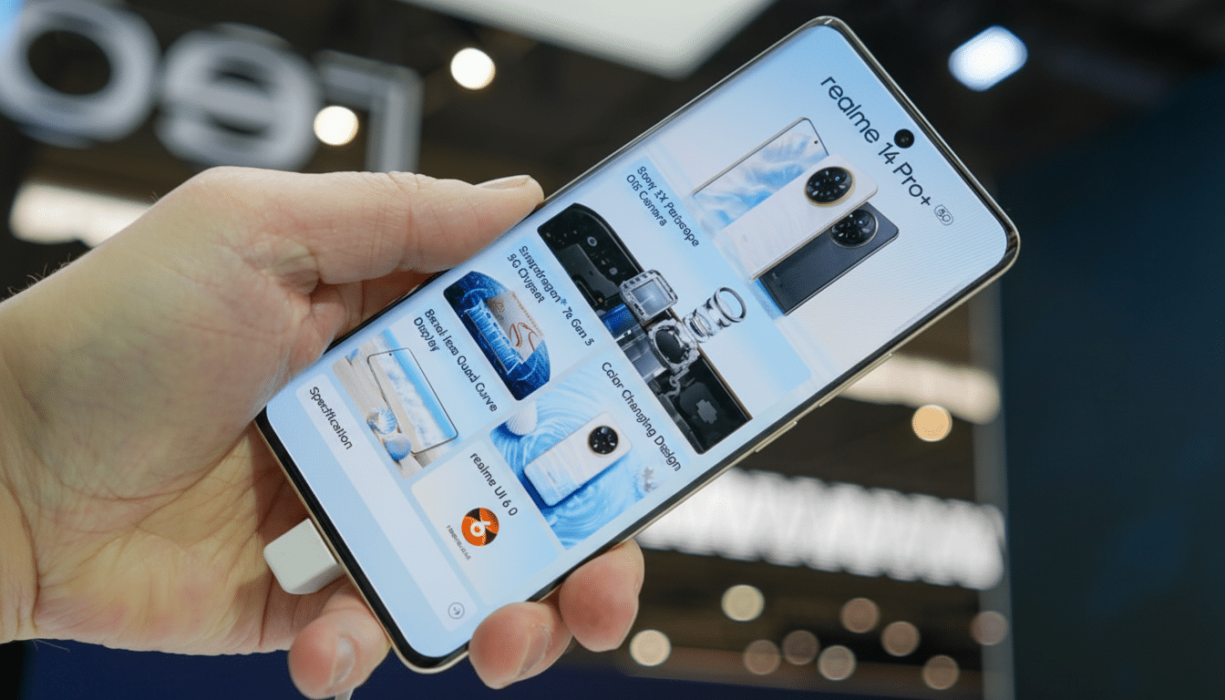 A hand holding a Realme 14 Pro+ 5G smartphone, displaying its features and design on the screen, with a blurred background of a tech exhibition.