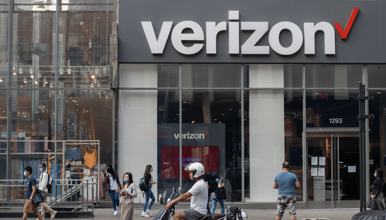 A Verizon store with its logo prominently displayed, with people walking on the sidewalk in front of it.
