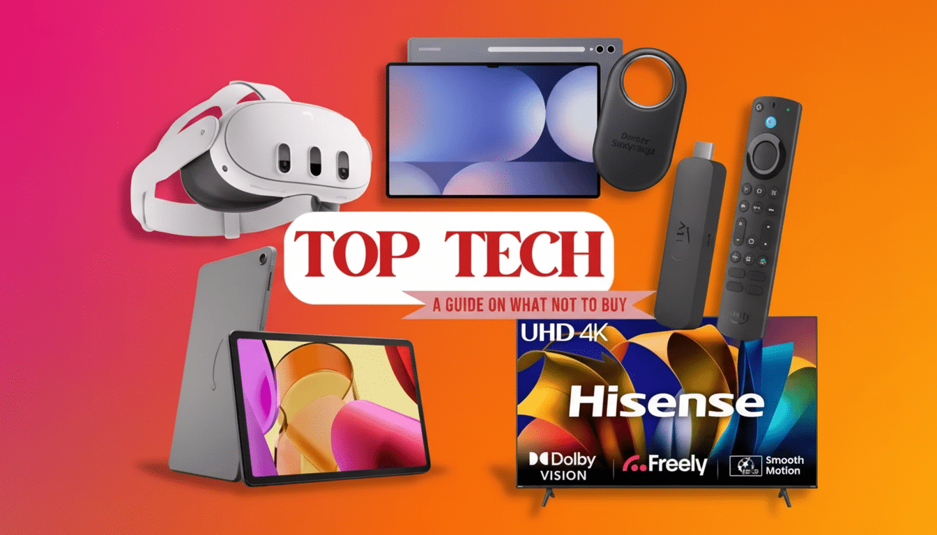A vibrant image showcasing various tech gadgets including a VR headset, tablets, a smart TV, and streaming devices, with the text TOP TECH A GUIDE ON WHAT NOT TO BUY prominently displayed.