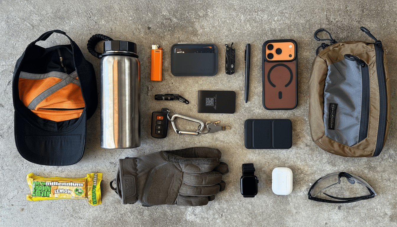 An overhead flat lay of various everyday carry items including a cap, water bottle, lighter, wallet, phone, gloves, snack bar, and other accessories, arranged on a concrete surface.