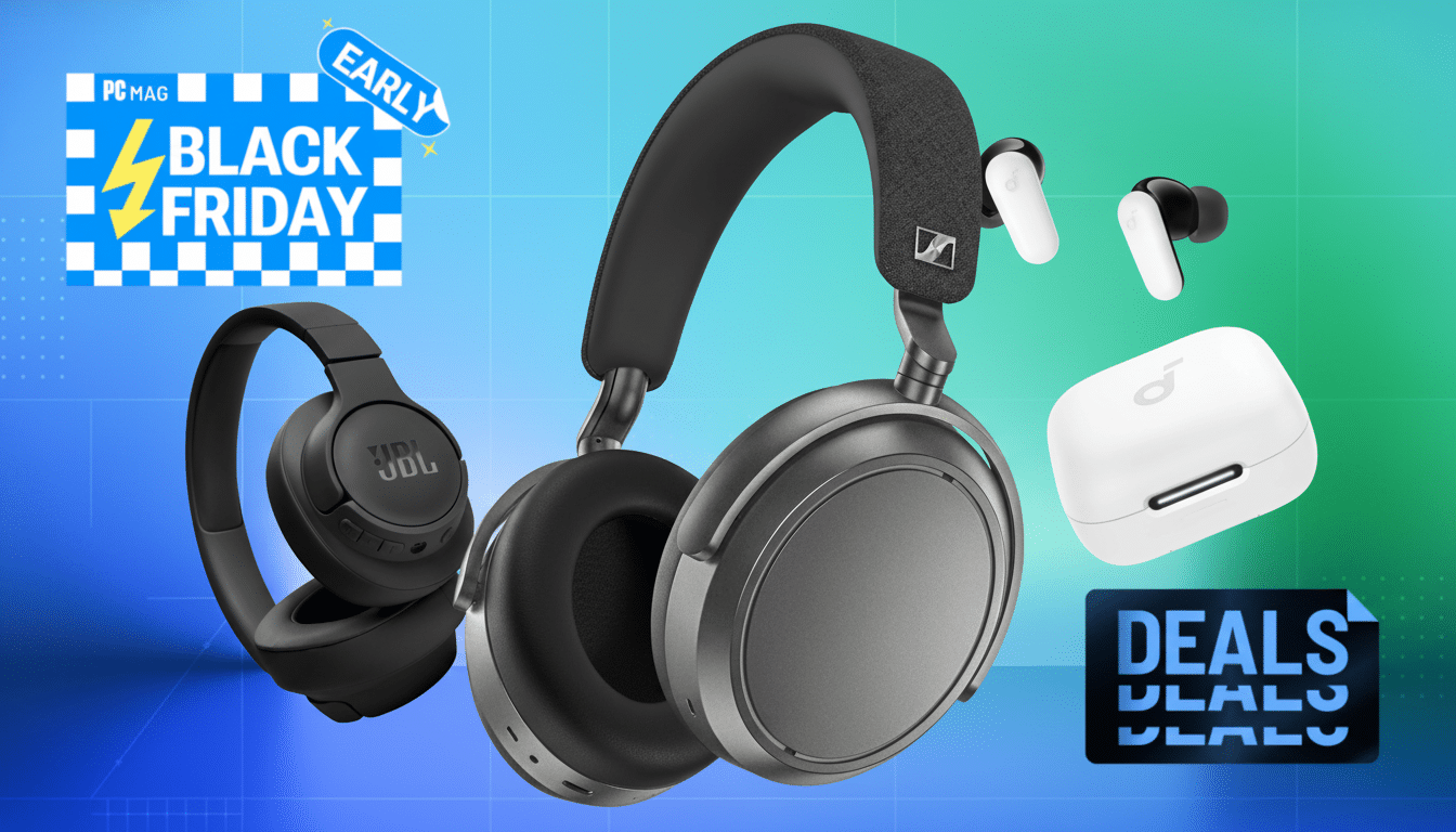 A 16:9 aspect ratio image featuring various headphones and earbuds, with PC MAG EARLY BLACK FRIDAY and DEALS text overlays.