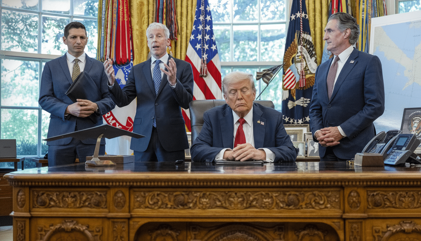 Donald Trump seated at a large wooden desk with three men standing behind him, in an office setting with flags and a window in the background.