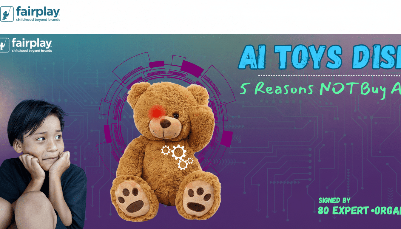 A 16:9 aspect ratio image with a young boy on the left, a teddy bear in the center, and text on the right that reads AI TOYS ADVISORY 5 Reasons NOT to Buy AI Toys. The background is a circuit board pattern.