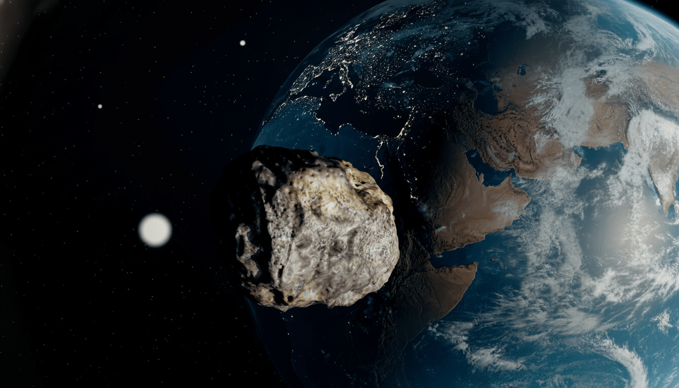 A large, irregularly shaped asteroid with a rocky, cratered surface is shown in the foreground, appearing to pass close to Earth. The Earth is visible in the background, with a clear distinction between the illuminated side showing city lights and the darker, unlit side. Stars are scattered across the dark expanse of space.
