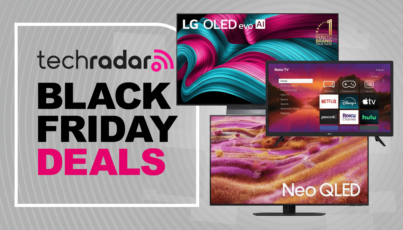 A 16:9 aspect ratio image featuring a techradar BLACK FRIDAY DEALS graphic on the left, with three televisions on the right displaying vibrant abstract patterns and a smart TV interface.