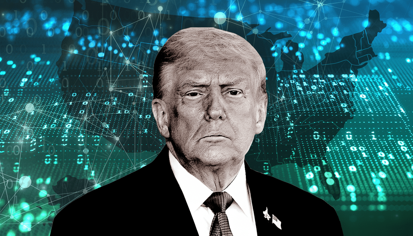 A professional image of Donald Trump in a suit and tie, set against a background featuring a map of the United States and digital network patterns.