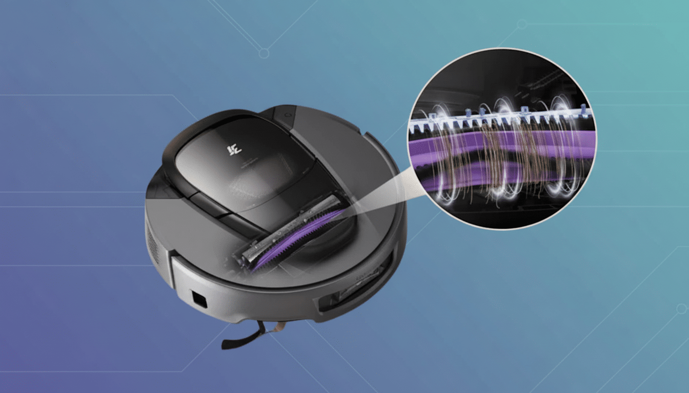 A robotic vacuum cleaner with a detailed inset showing its internal brush mechanism and airflow, set against a professional gradient background with subtle geometric patterns.