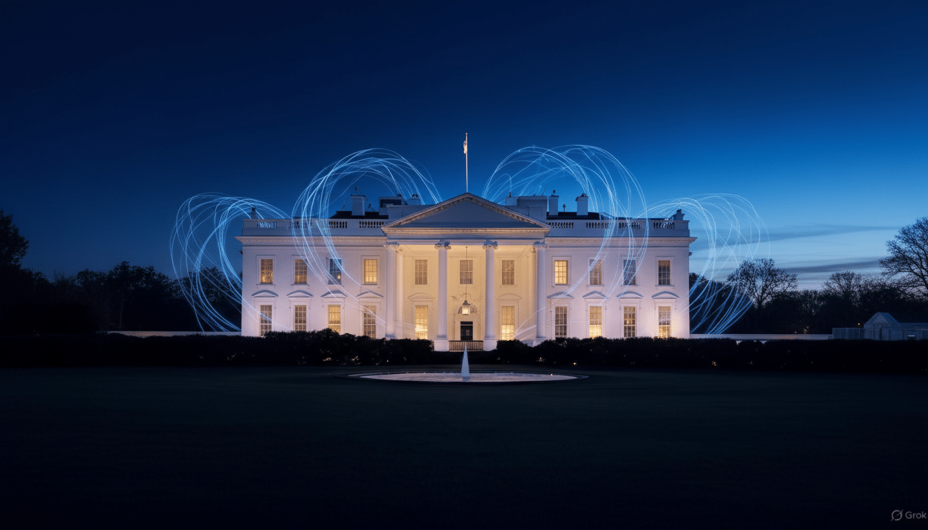 The White House at night, illuminated with warm lights, with blue light trails forming heart shapes around it.