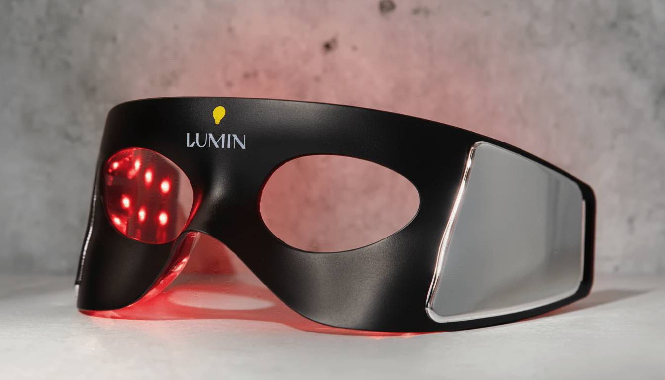 A black Lumin light therapy mask with red lights glowing on the left side, set against a light gray textured background.
