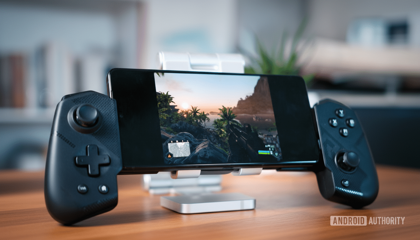 A smartphone attached to a black gaming controller, displaying a video game scene with palm trees and a sunset over water.