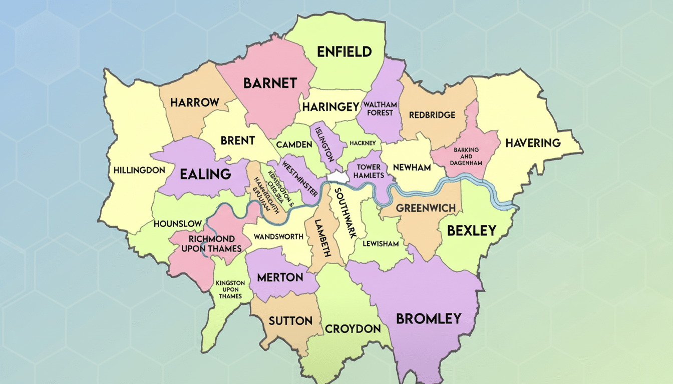 A map of London showing its boroughs in various pastel colors, with a professional flat design background.