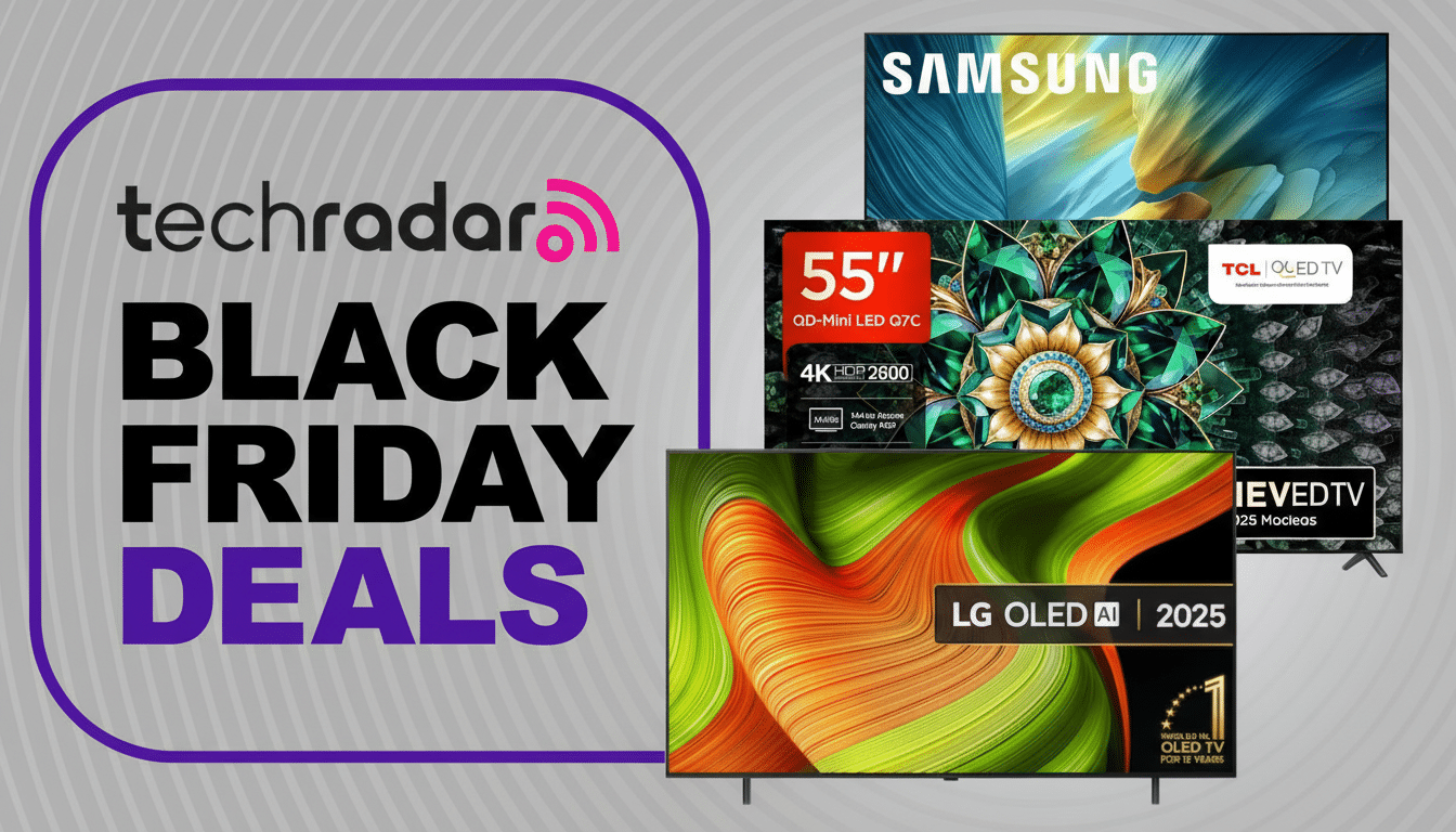 A promotional image for TechRadar Black Friday Deals, featuring various televisions from brands like Samsung, LG, and TCL, with a 55-inch QD-Mini LED Q7C TV highlighted.