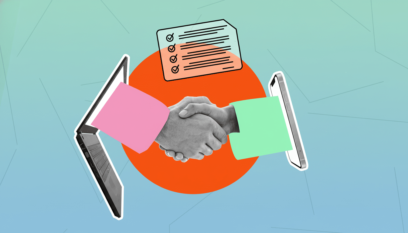 A handshake between two people, one emerging from a laptop and the other from a smartphone, with a checklist icon above them, set against a professional flat design background with soft patterns and gradients.