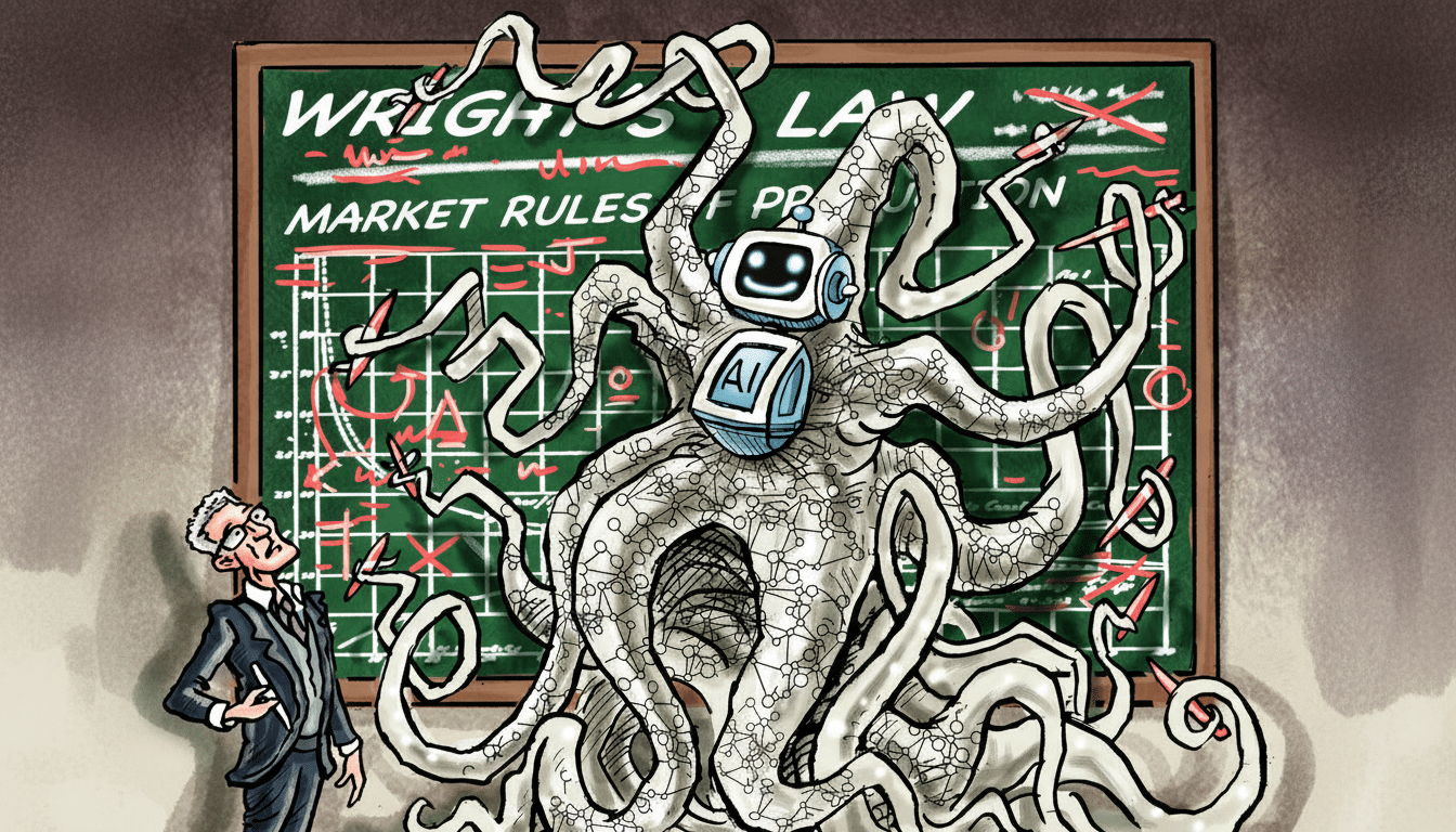 A man in a suit looks up at a chalkboard covered in equations and an octopus-like AI creature with a robot head.