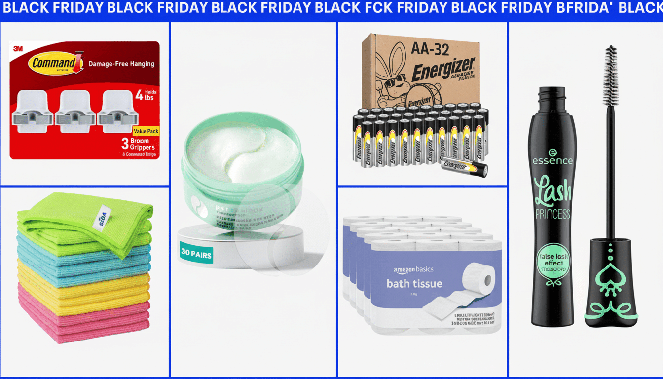 A Black Friday advertisement featuring a collage of six different products: 3M Command Broom Grippers, a jar of eye gels, a pack of Energizer AA batteries, Essence Lash Princess mascara, a stack of colorful microfiber cloths, and a pack of Amazon Basics bath tissue.
