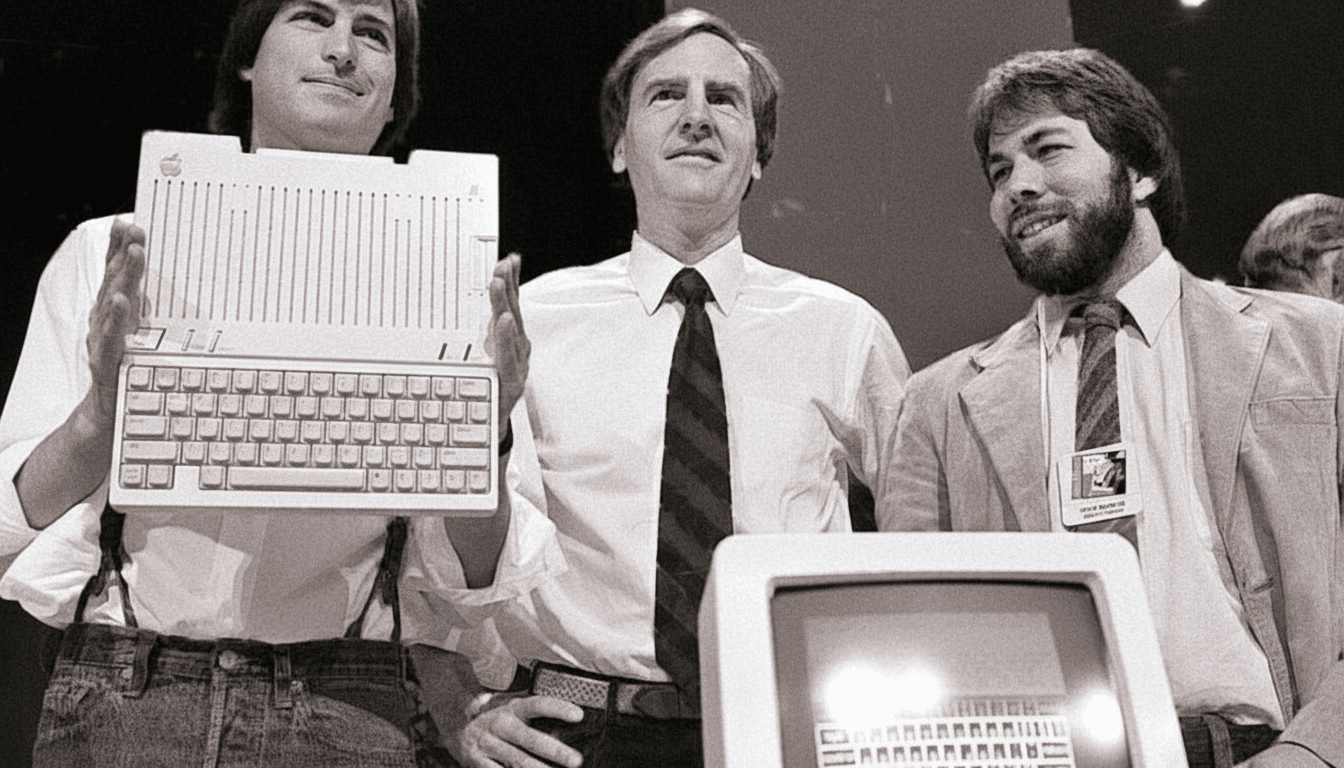A black and white image of three men, including Steve Jobs, presenting early Apple computers.