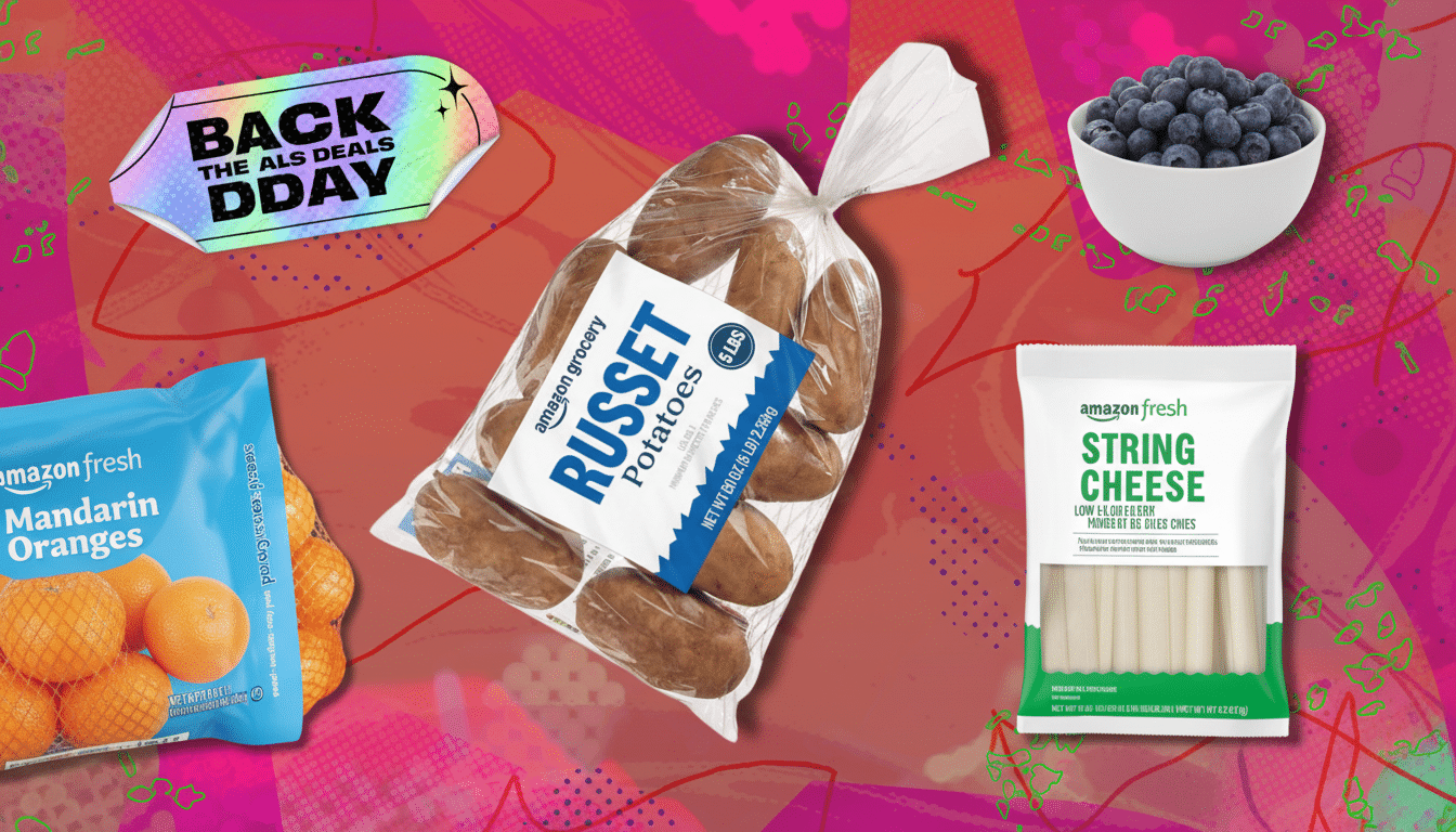 A 16:9 aspect ratio image featuring a bag of Amazon Grocery Russet Potatoes, a bag of Amazon Fresh Mandarin Oranges, a bowl of blueberries, and a package of Amazon Fresh String Cheese, all set against a vibrant, abstract background with a BACK THE ALS DDAY tag.