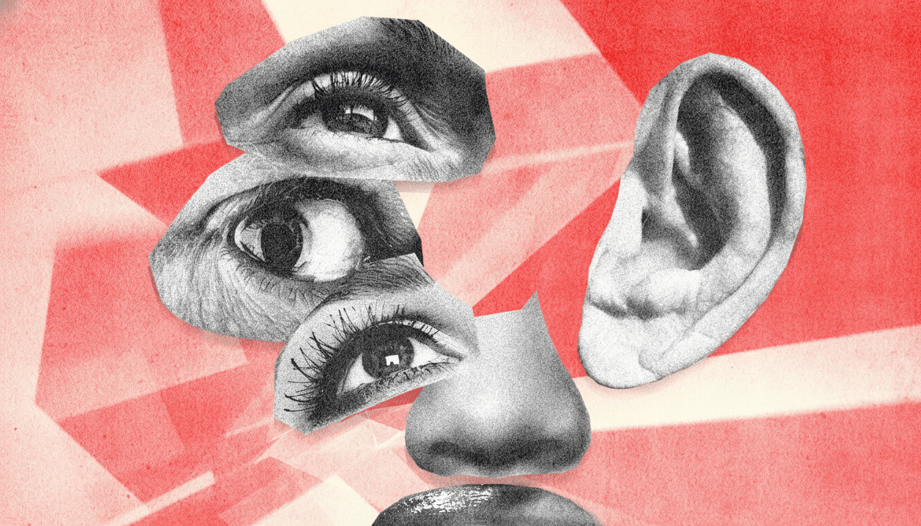 A surreal collage featuring three black and white eyes, a nose, and an ear, all cut out and arranged on a textured red background with subtle geometric patterns.