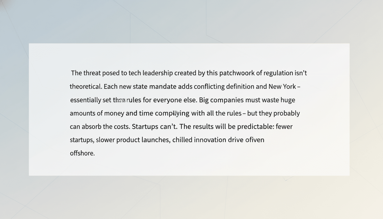 A white rectangular text box containing a paragraph about the threat posed to tech leadership by regulation, set against a light gray background with subtle geometric patterns.