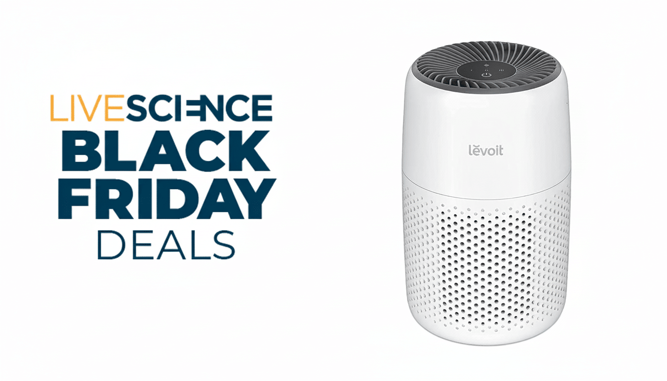 A white Levoit air purifier with a dark gray top, next to the text LIVESCIENCE BLACK FRIDAY DEALS on a white background.