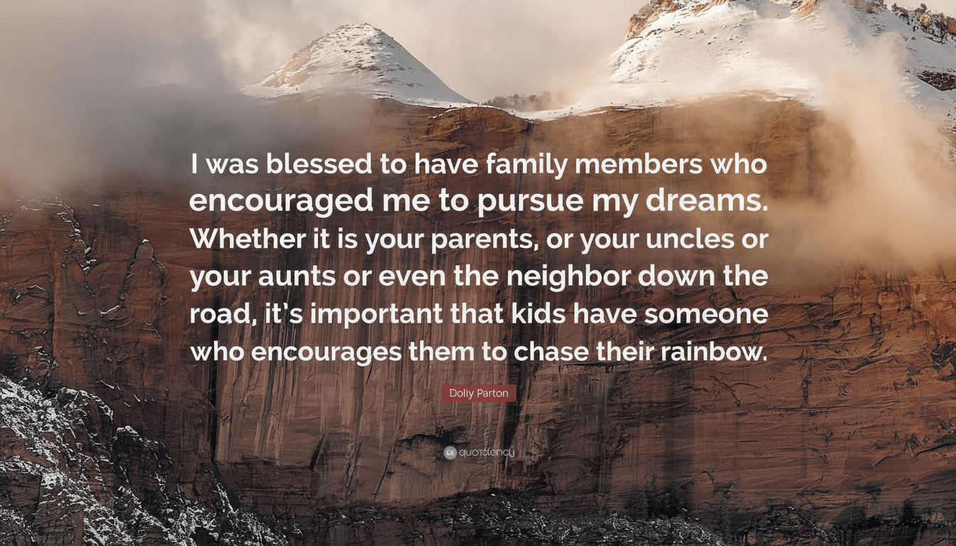 A 16:9 aspect ratio image of a quote by Dolly Parton, I was blessed to have family members who encouraged me to pursue my dreams. Whether it is your parents, or your uncles or your aunts or even the neighbor down the road, its important that kids have someone who encourages them to chase their rainbow. The quote is overlaid on a background of a snowy mountain range with clouds.