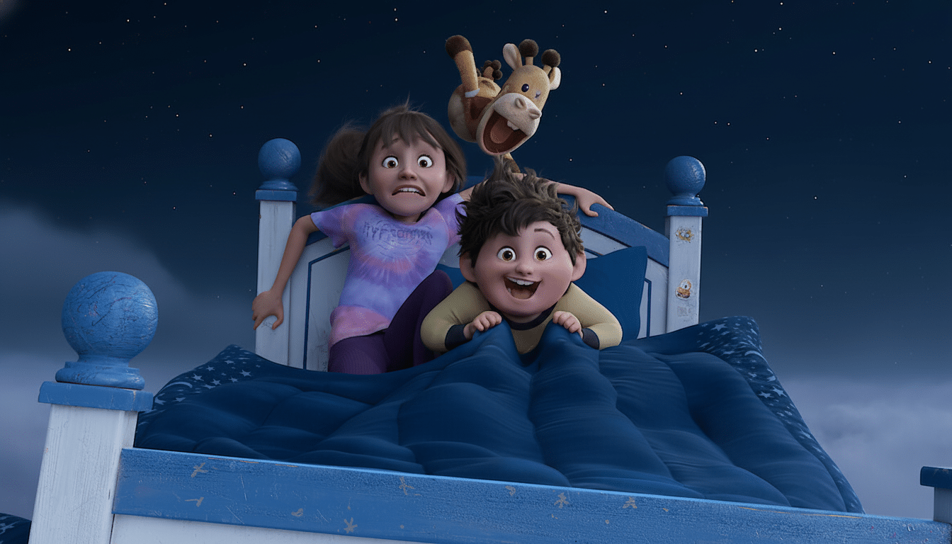 An animated image of two children and a stuffed giraffe on a bed, with a dark blue, starry sky in the background.
