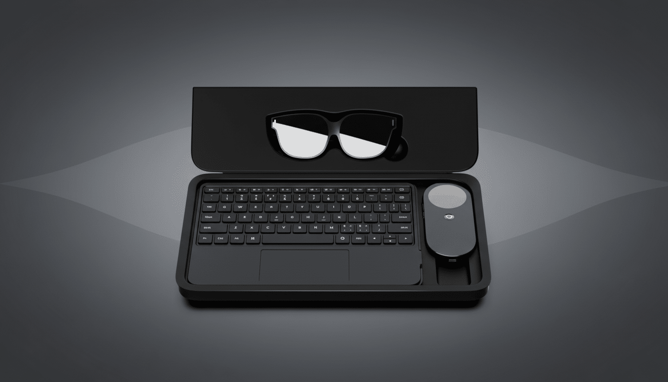 A black case containing a pair of smart glasses, a compact keyboard, and a mouse, presented on a professional flat design background with soft gray gradients and subtle wave patterns.