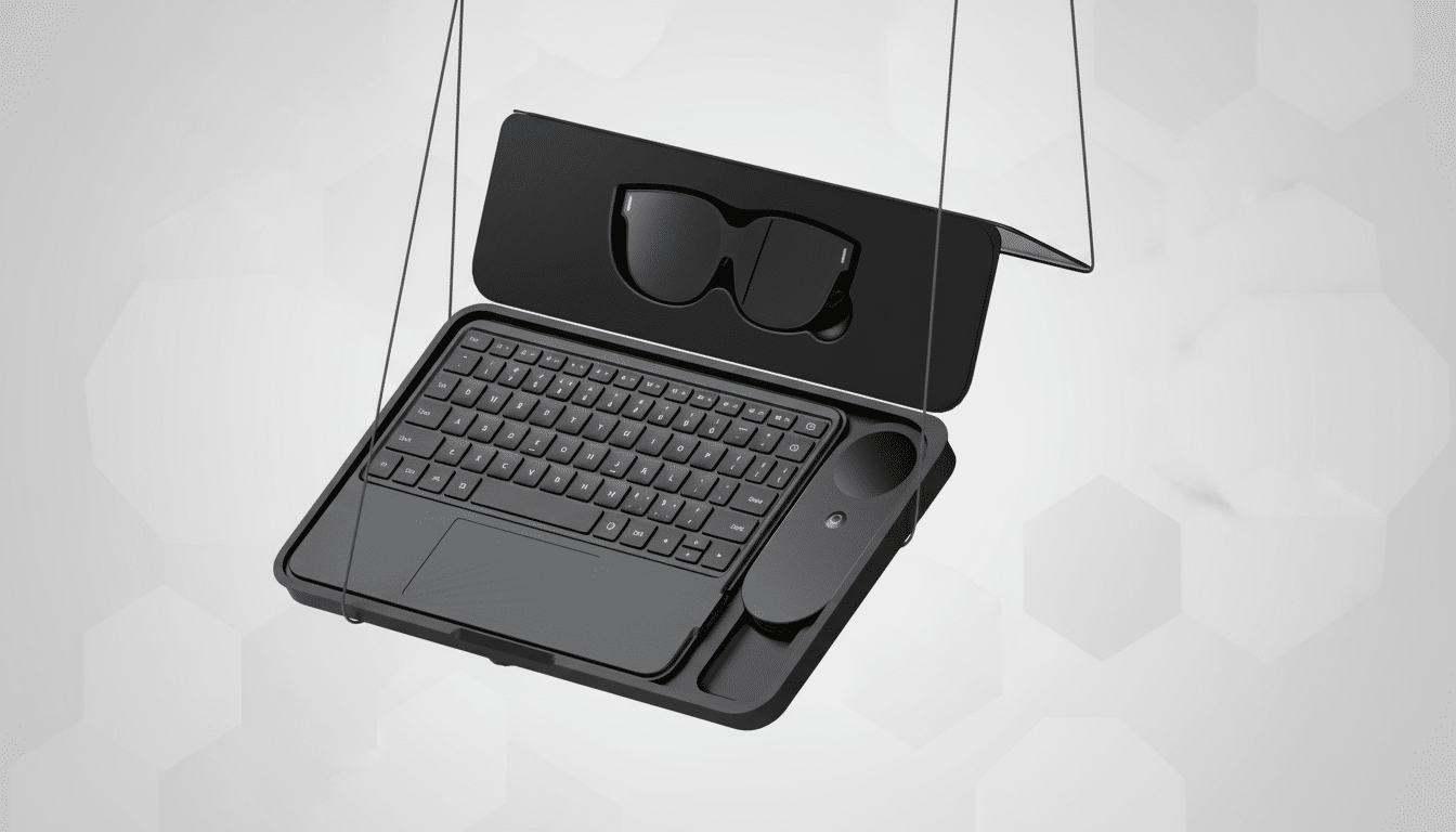A black portable keyboard and mouse pad with a separate compartment holding black smart glasses, all suspended by thin wires against a professional light gray background with subtle hexagonal patterns.