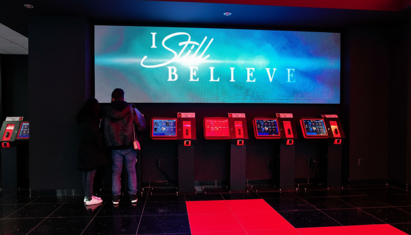 Two people standing in front of a large screen displaying I Still Believe and several interactive kiosks.