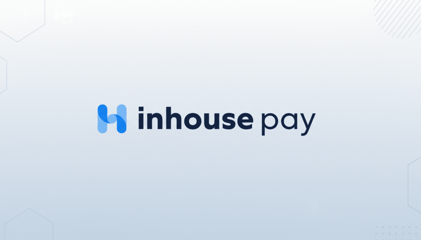The Inhouse Pay logo, featuring a blue H icon followed by the words inhouse pay in dark blue, presented on a professional light blue gradient background with subtle geometric patterns.