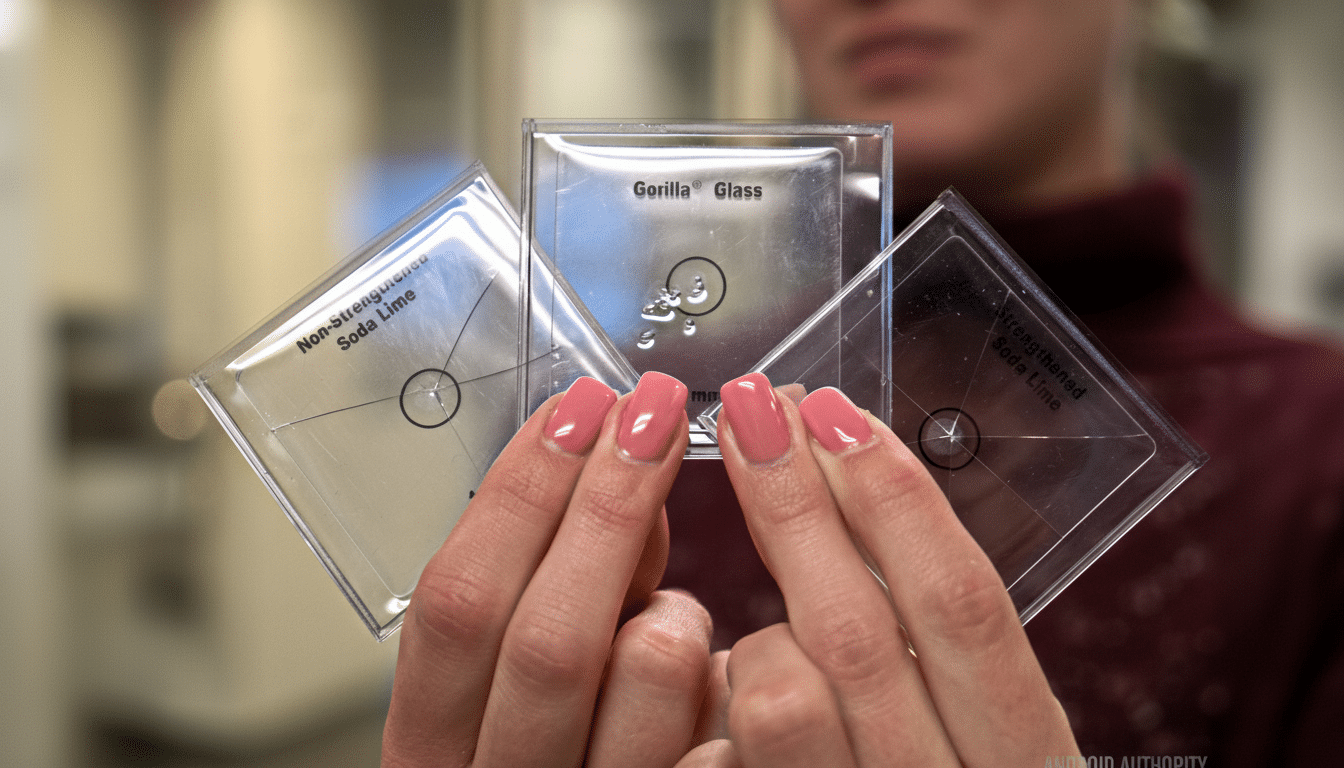 A persons hands holding three square glass samples, demonstrating the durability of Gorilla Glass compared to non-strengthened and strengthened soda lime glass.