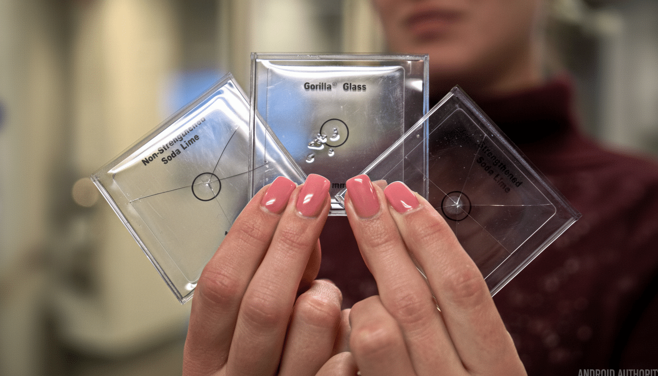 A persons hands holding three square glass samples, one labeled Gorilla Glass, another Non-Strengthened Soda Lime, and the third Strengthened Soda Lime, demonstrating their durability.