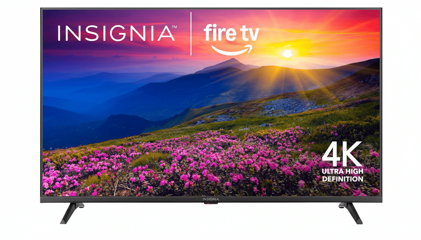 A 16:9 aspect ratio image of an Insignia Fire TV, showcasing a vibrant mountain sunset scene with pink flowers in the foreground, and 4K Ultra High Definition text on the screen. The background is a clean, professional white.